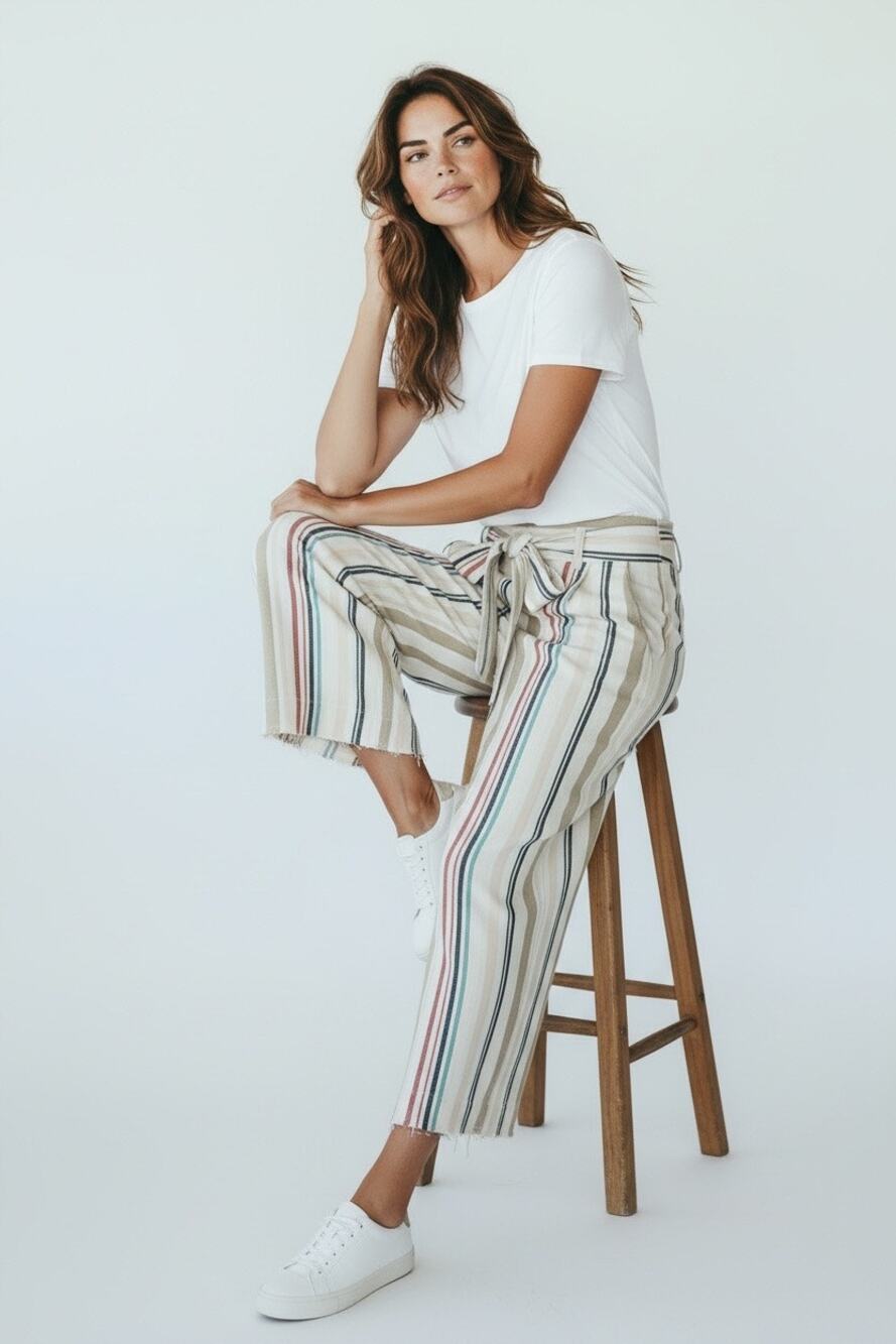 Cloth & Stone Belted Multicolor Pastel Striped Wide Leg Cropped Pants Size M